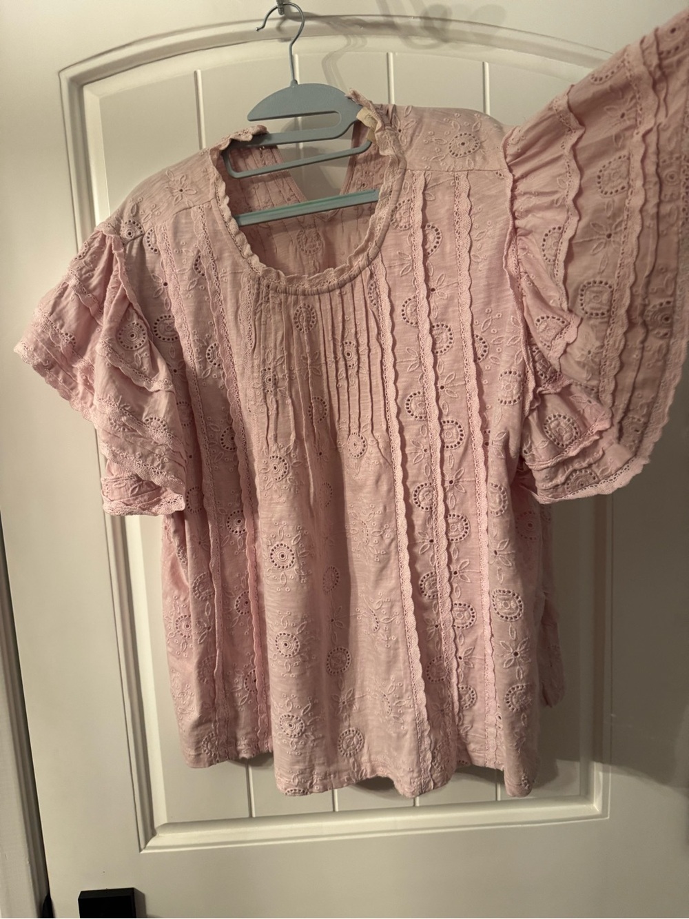 Free People Blush Pink Eyelet Pintuck Ruffle Sleeve Top